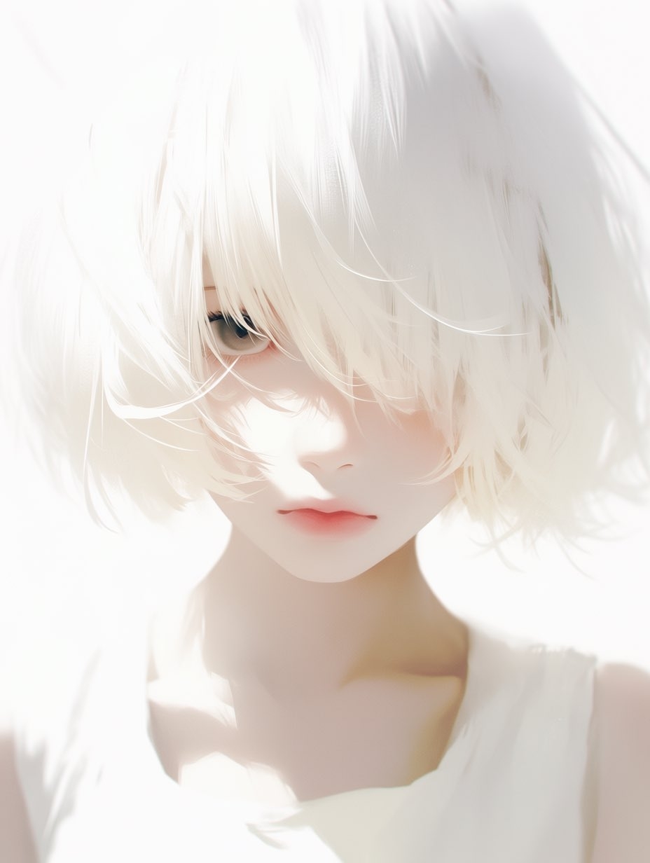 La ilustración presenta un personaje de estilo anime en una blusa sin mangas blanca, con pelo corto y esponjoso que cubre un ojo y una expresión melancólica