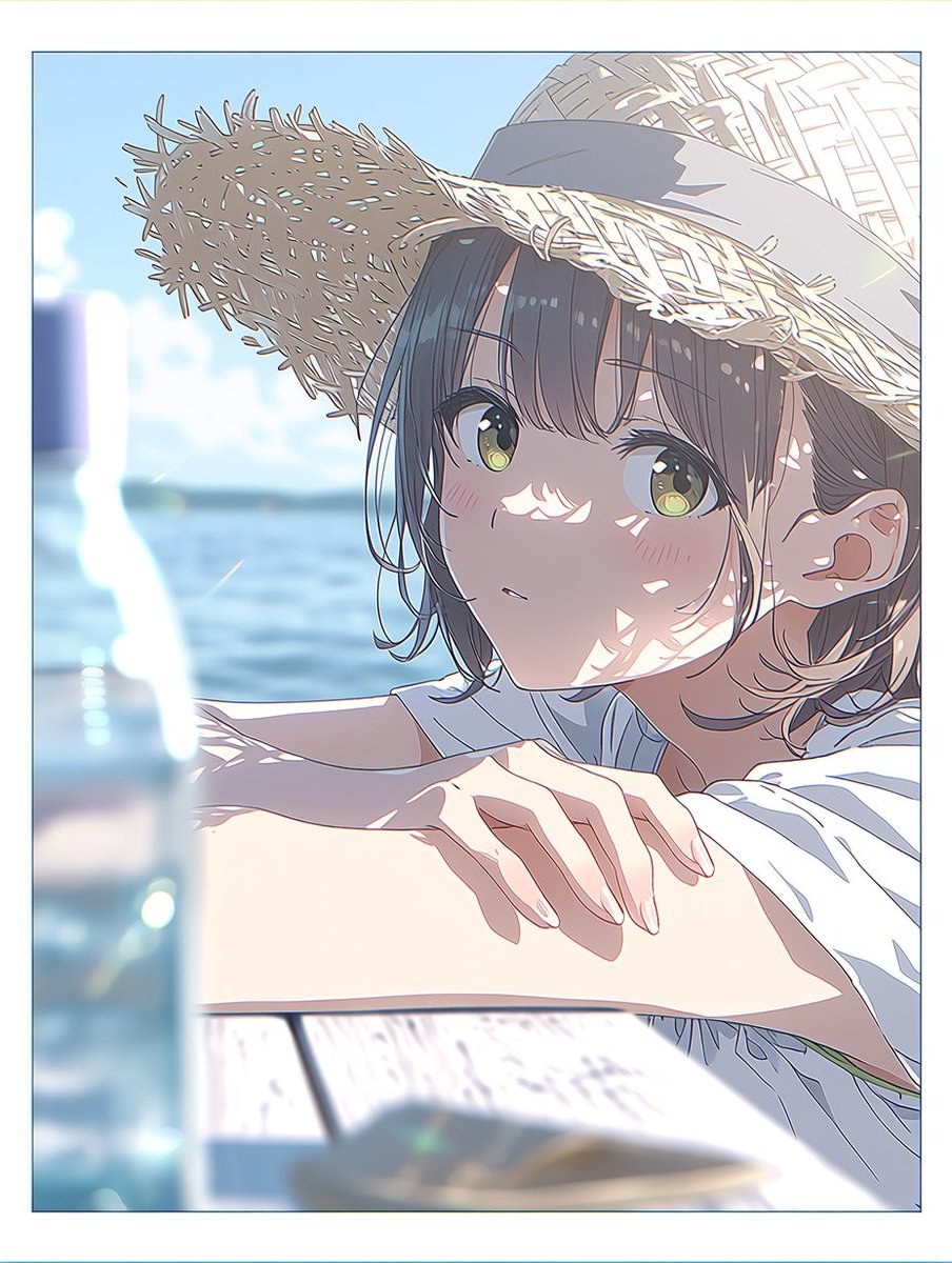 A girl leans on a railing by the sea, creating a relaxed summer atmosphere