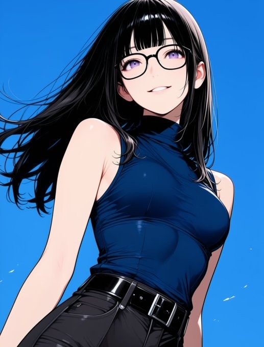 Une jeune femme au style anime porte un top sans manches bleu foncé et un pantalon noir