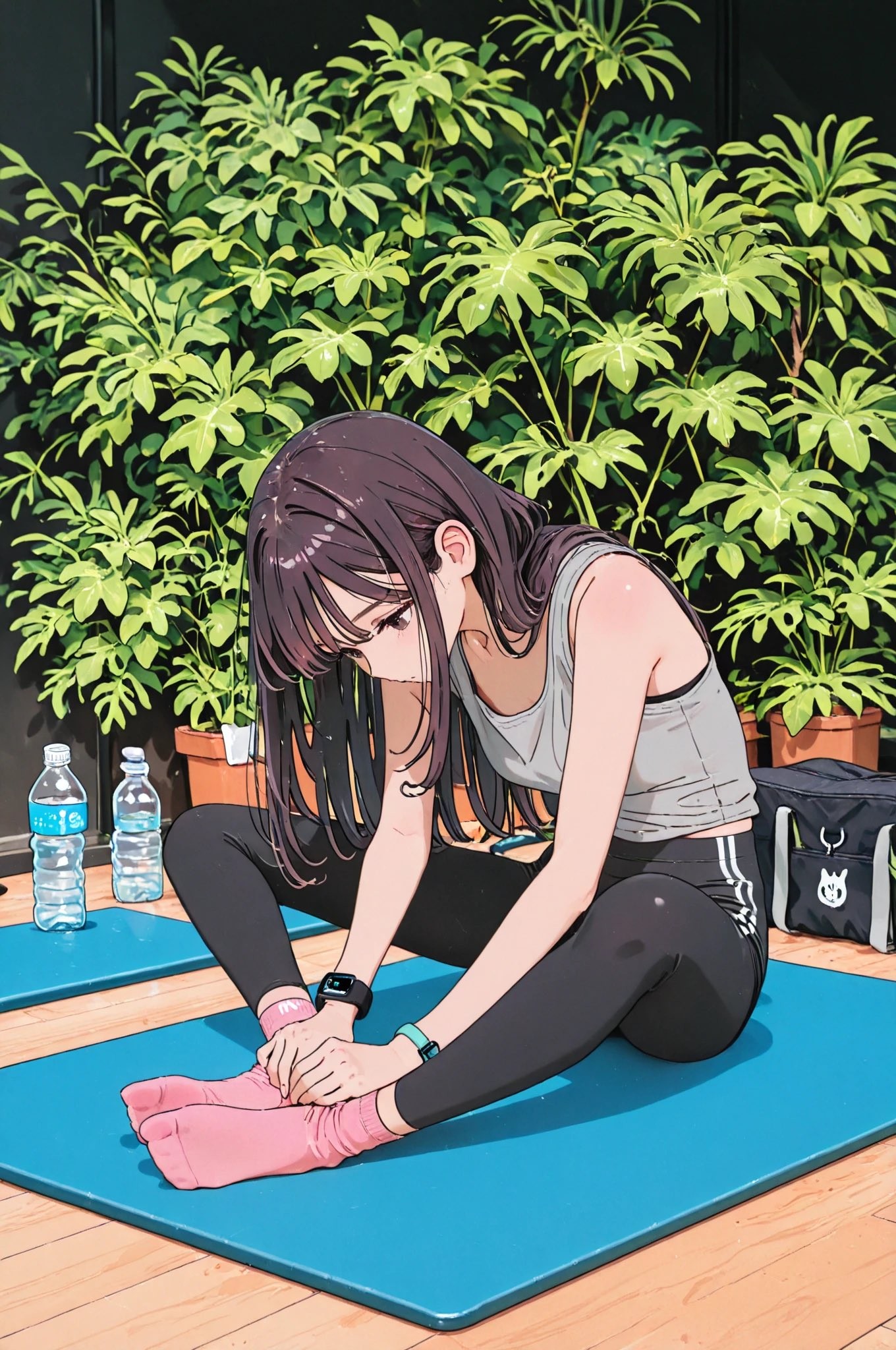 A young anime-style woman performs a precise handstand on a teal yoga mat