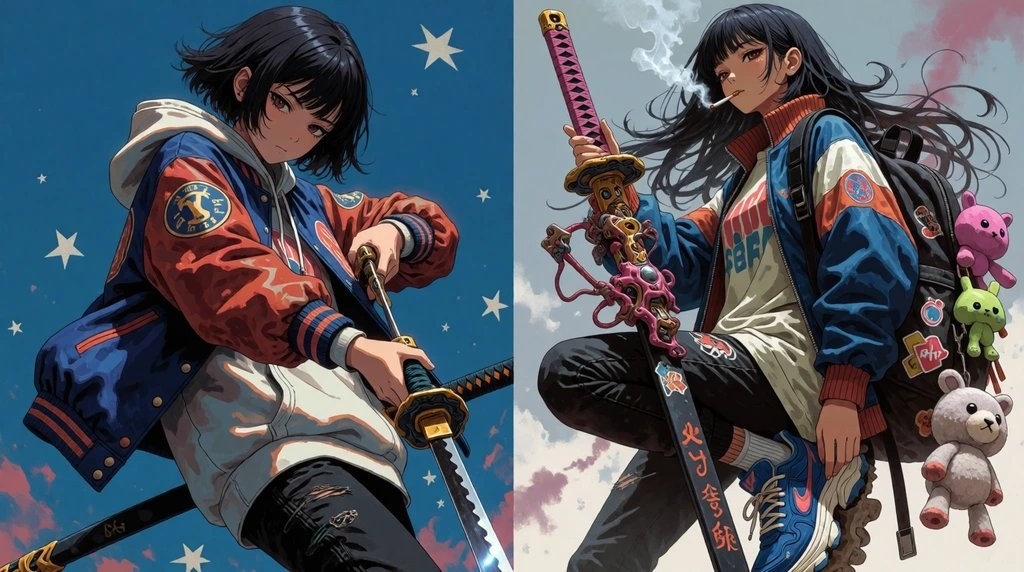 Two anime girls in color-blocked baseball jackets