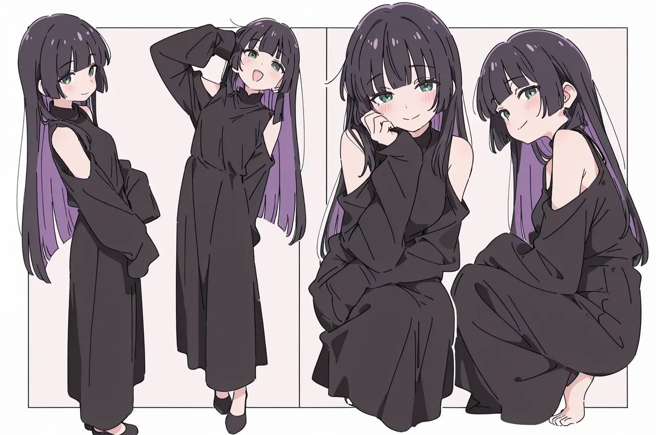 アニメ少女が黒のハイネックオフショルダーのドレスとゆったりしたカーディガンを着て、さまざまなポーズを見せています