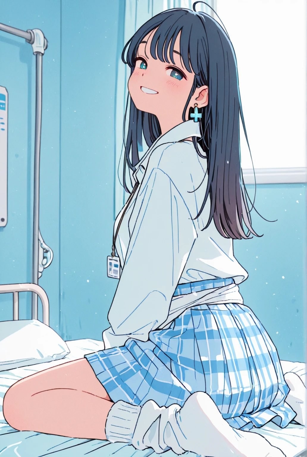 一位黑髮少女在病床上穿著藍白格紋裙子