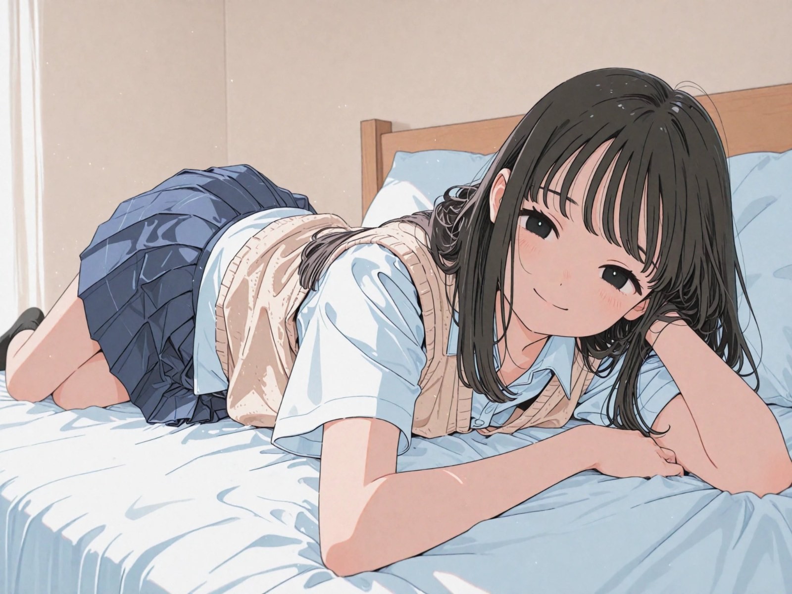 一位校服少女在床上側身望鏡頭