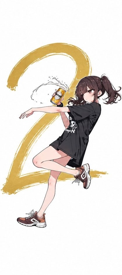 A girl with a brown ponytail stands on one leg wearing a black printed T-shirt and brown sneakers while spraying liquid from a yellow can