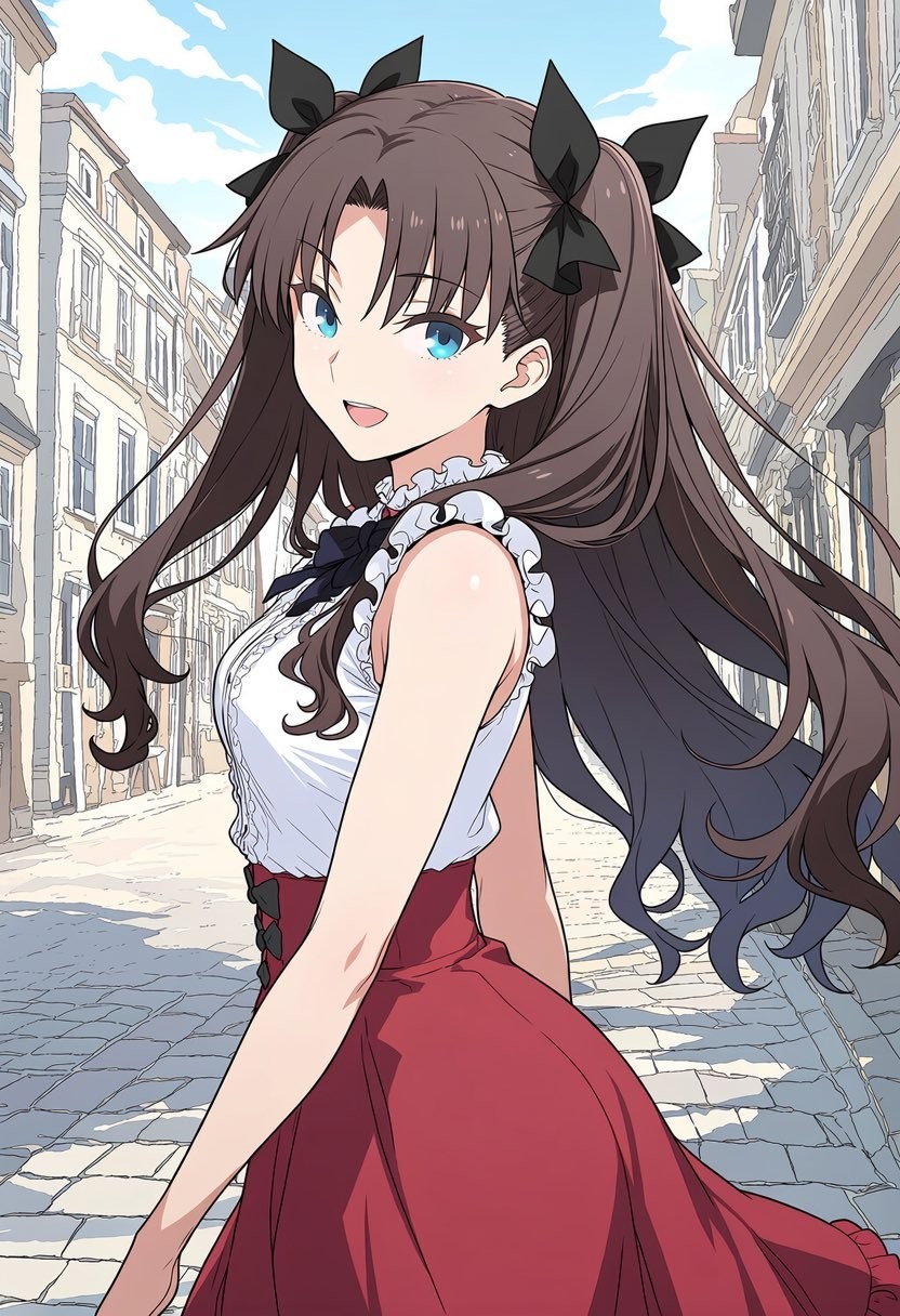 アニメスタイルの女性が日差しの明るい通りで微笑んでいる