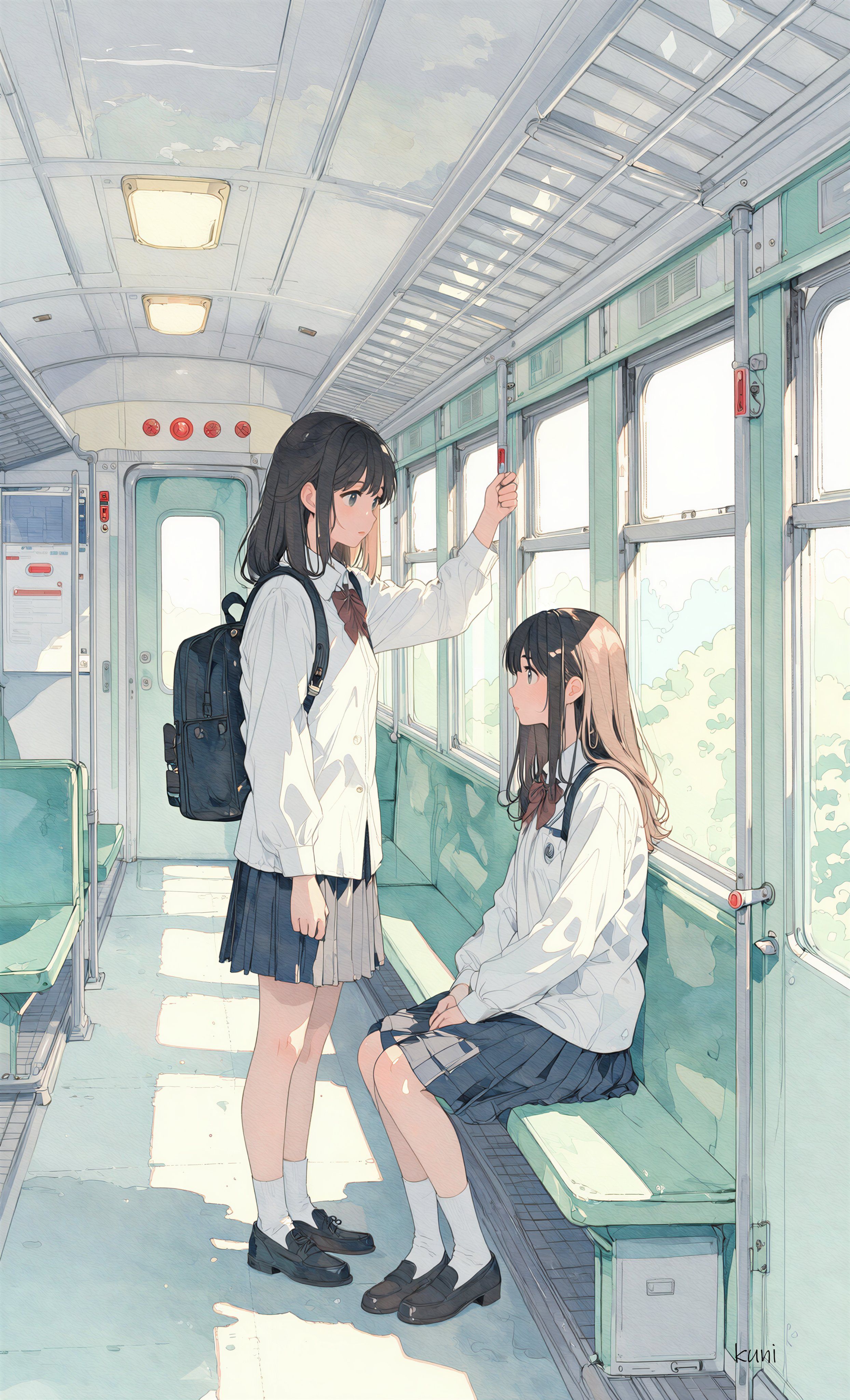 Duas meninas dentro de um vagão de trem japonês, uma de pé em uniforme branco e a outra sentada em um traje correspondente