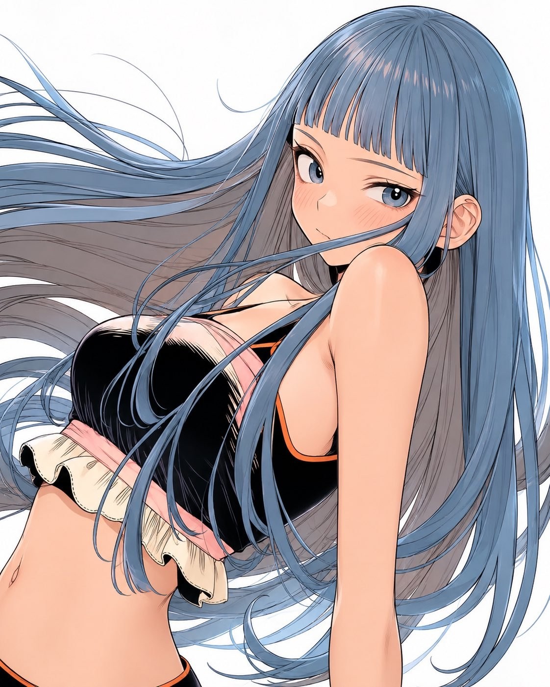 青い髪の少女が黒のノースリーブトップスとピンク白のフリルスカートを着ています