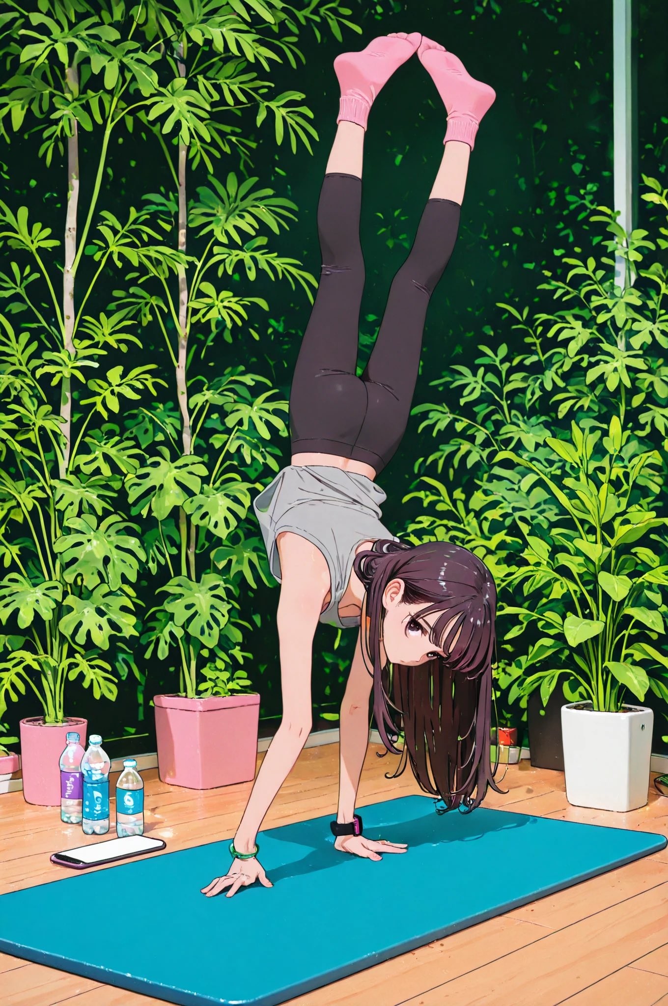 A young anime-style woman performs a handstand on a teal yoga mat, showcasing her athletic balance and flexibility