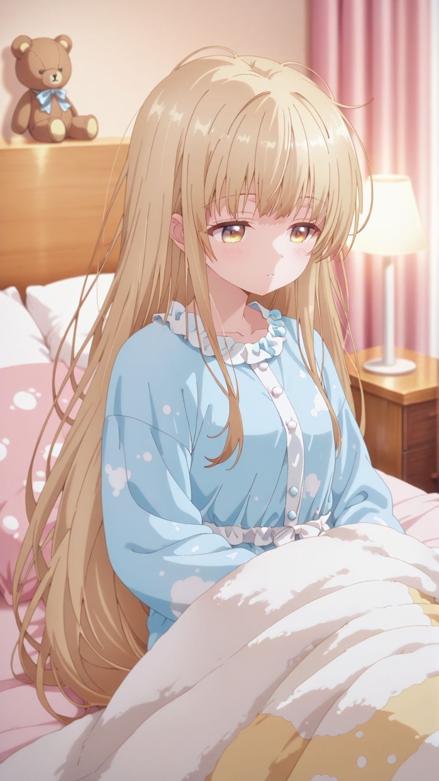 Una chica de cabello largo está sentada en la cama con un pijama de lunares azul claro