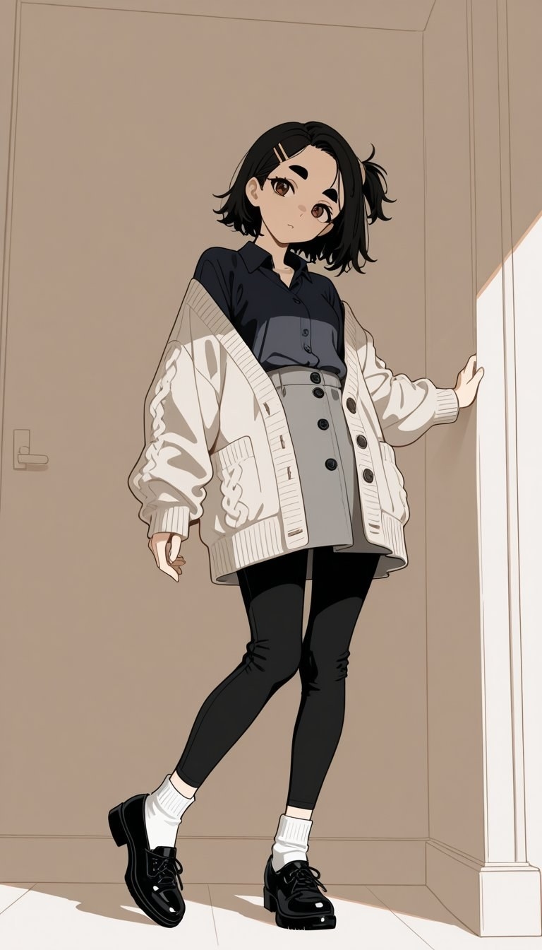 A woman is wearing a dark blue shirt and cream cardigan with a gray skirt and black pants