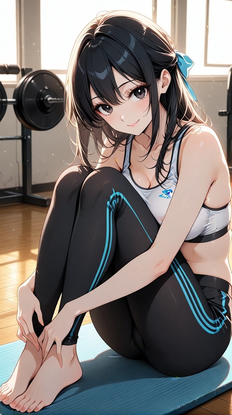 A black-haired girl is working out on a blue yoga mat