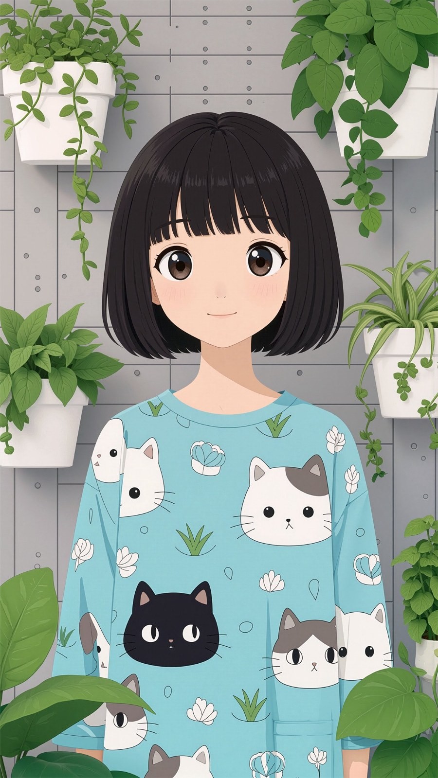 黒い前髪の女の子が青いカットソーを着ている
