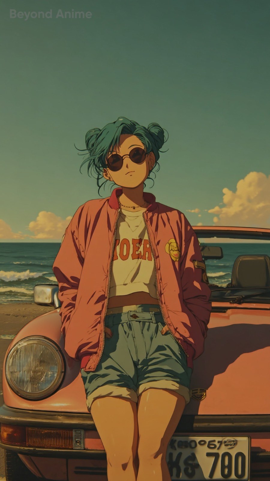 A young woman in a pink flight jacket and white short tee is posing in front of a vintage pink convertible