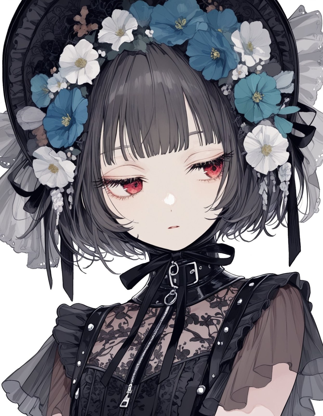 Uma menina vestindo estilo gótico lolita preto com olhos vermelhos baixos