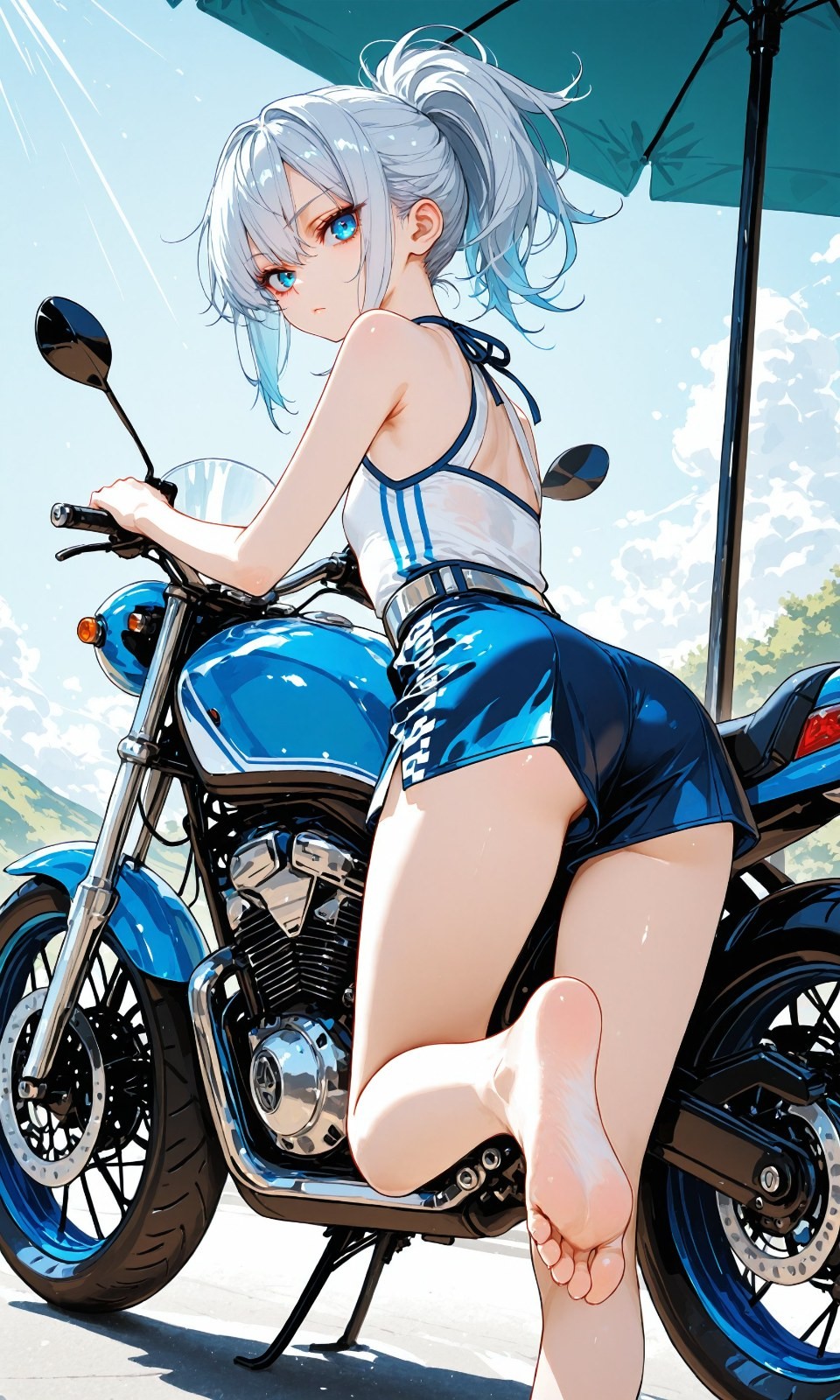 An anime girl with silver high ponytail sits on a blue motorcycle