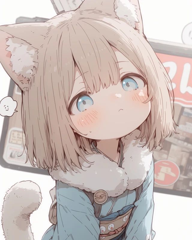 A worried cat girl wearing a kimono