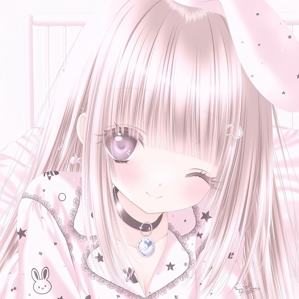 Ein süßes Mädchen trägt einen Hasen-Pyjama mit pastellfarbenem pinken Haar und lila Augen