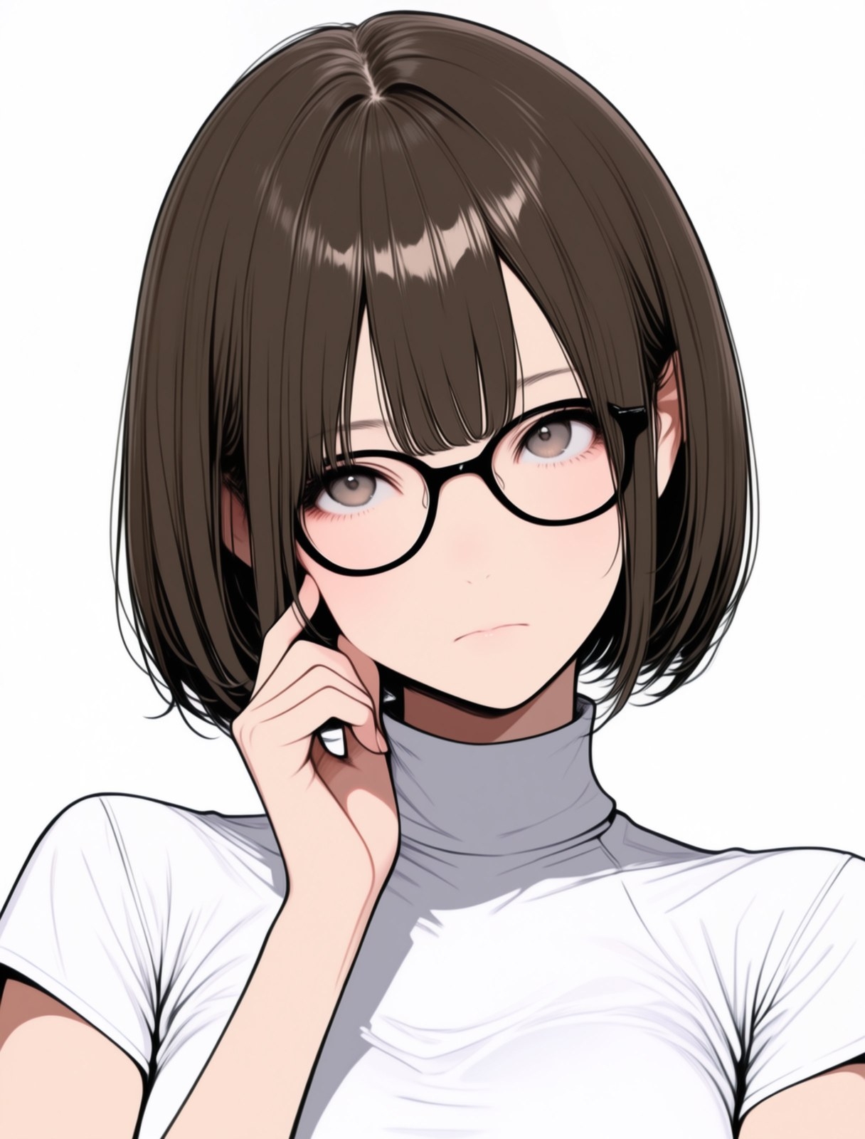 茶色のショートヘアで黒い丸メガネを掛けた女性キャラクターのクローズアップ、困惑と不満の表情