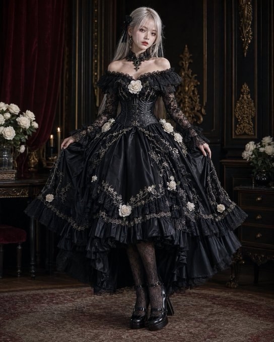 銀髪の女性が黒いゴシックロリータドレスを着ている