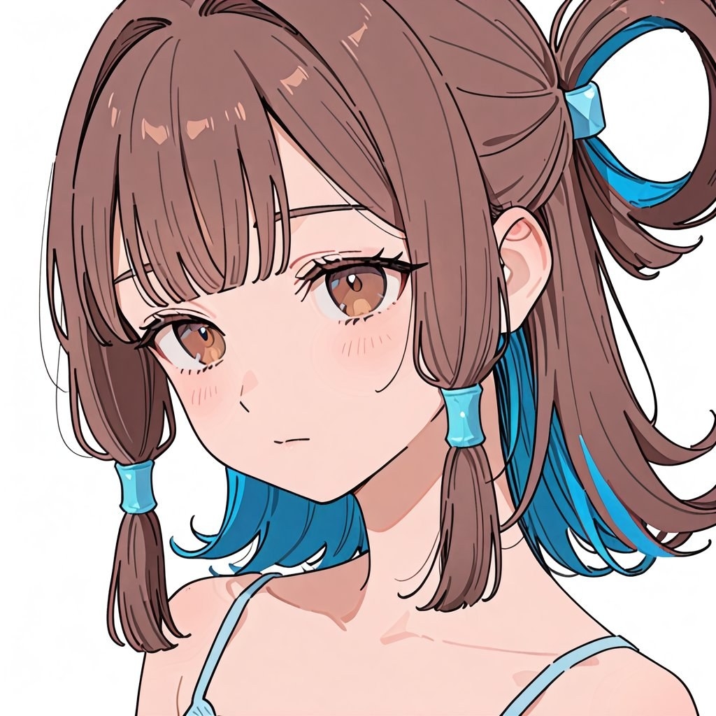 A close-up illustration of an anime female character with brown medium-length hair and blue accents, wearing a blue top and a calm expression against a white background