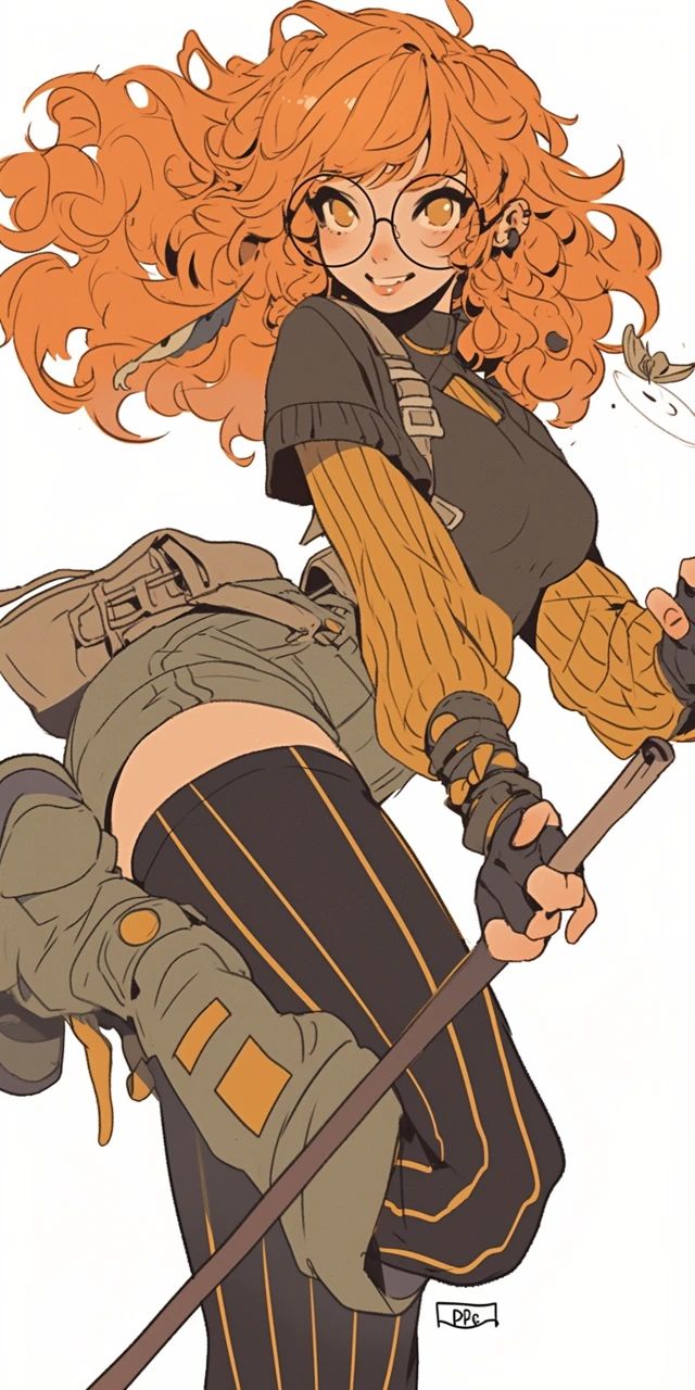 A character design sketch of a young woman in motion with voluminous light orange hair, round glasses, a brown top, and matching wide-leg pants with yellow side stripes holding a thin wand-like object