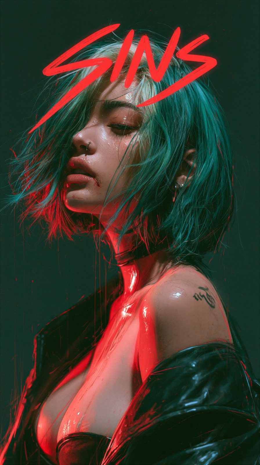 The close-up showcases a woman with short teal hair, reflecting a tired and cold demeanor