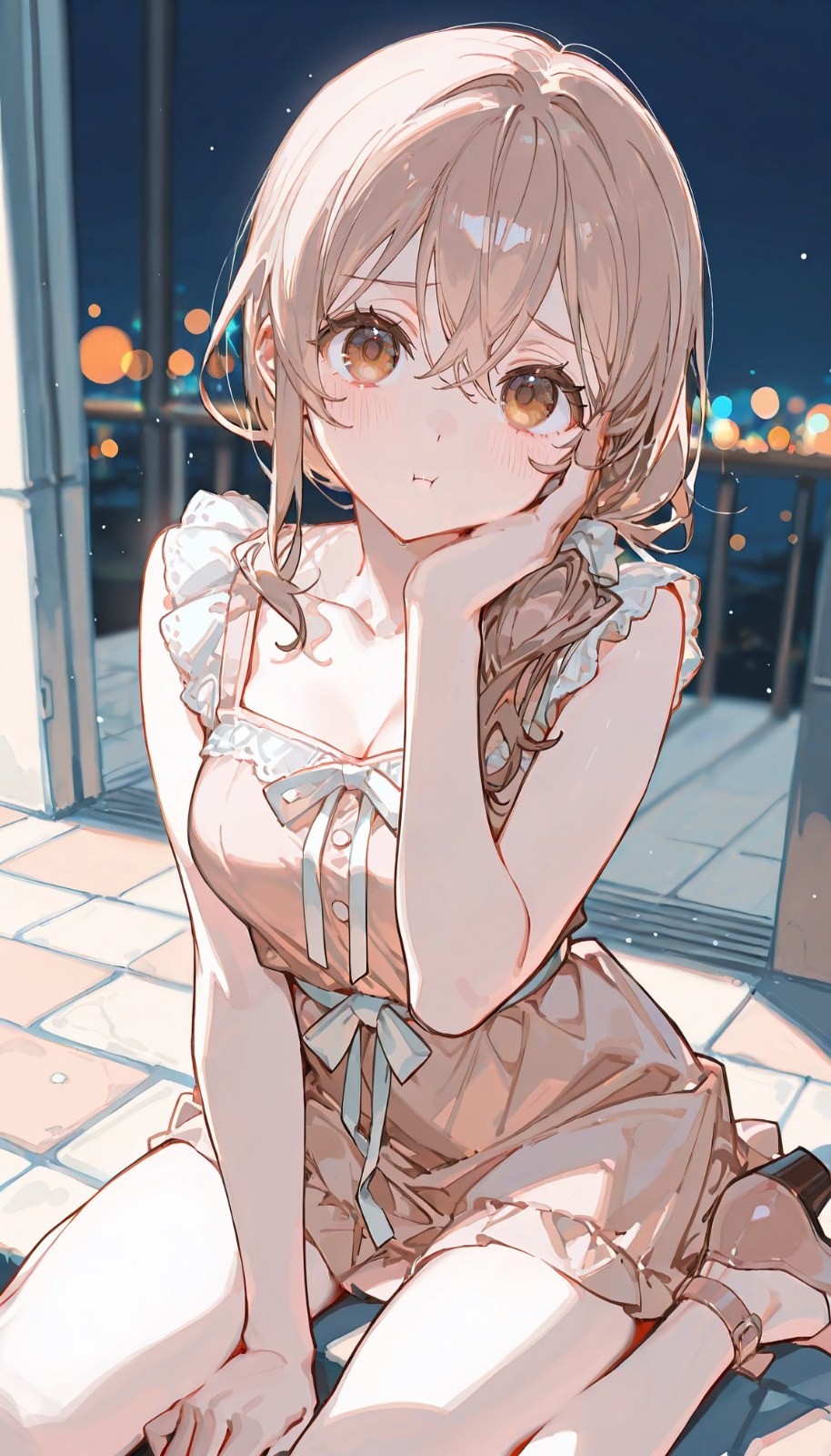 A girl in a light pink dress sits on the balcony gazing at the night sky