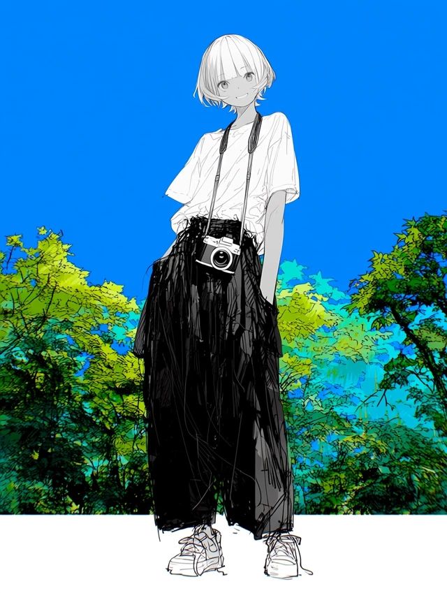 A stylish young woman stands casually under the summer sky wearing black and white clothing and holding a camera