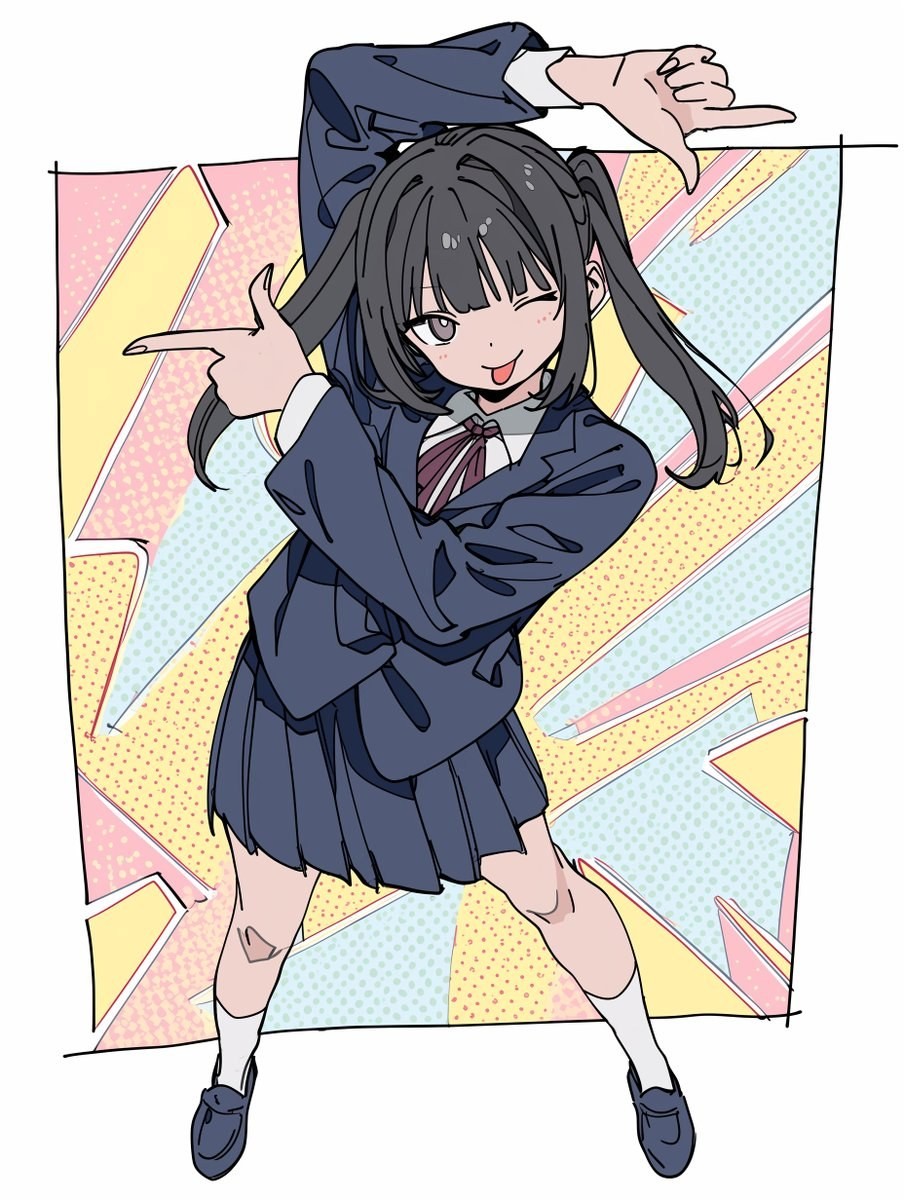 Una chica de anime con dos coletas negras lleva puesta una chaqueta de traje azul oscuro y una falda plisada