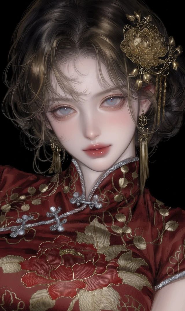 A young lady wearing a red embroidered cheongsam