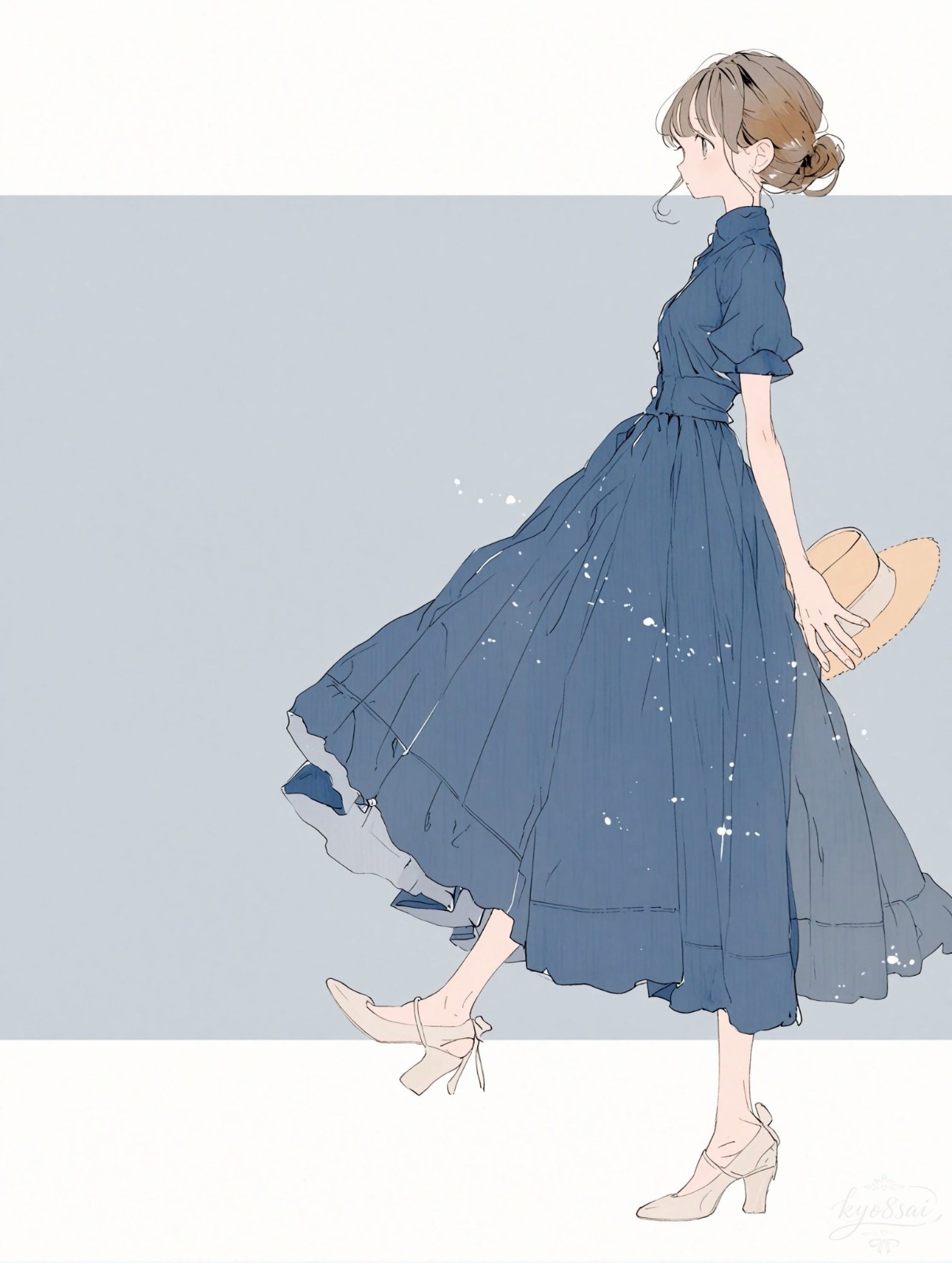 深い青のハイウエストドレスを着た女性が横に歩いています