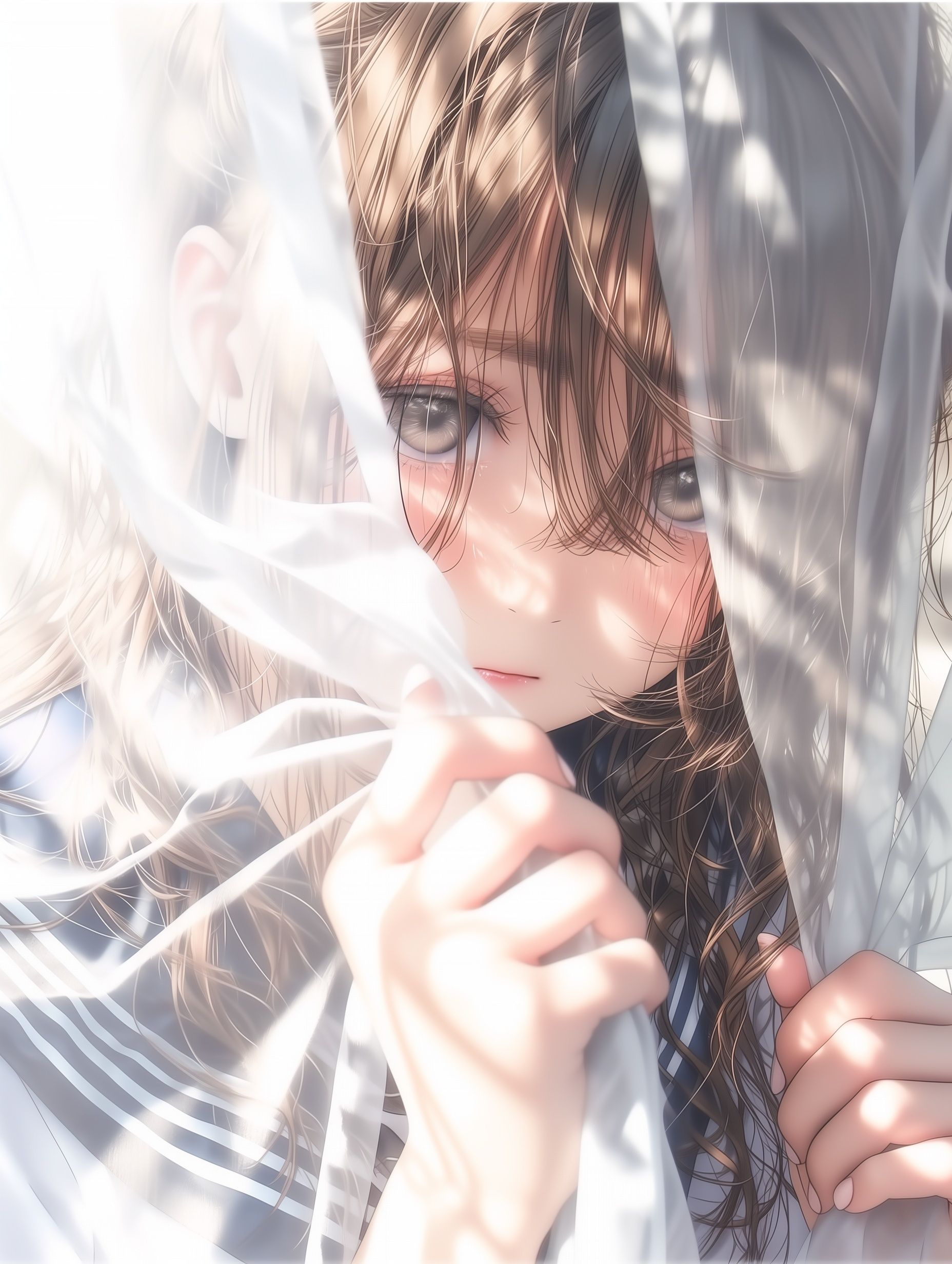 A young Japanese woman gazing outside through a sheer white curtain