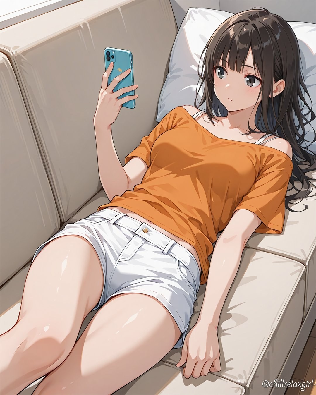 A young woman in an orange off-shoulder top and white shorts leans on a beige sofa using her smartphone
