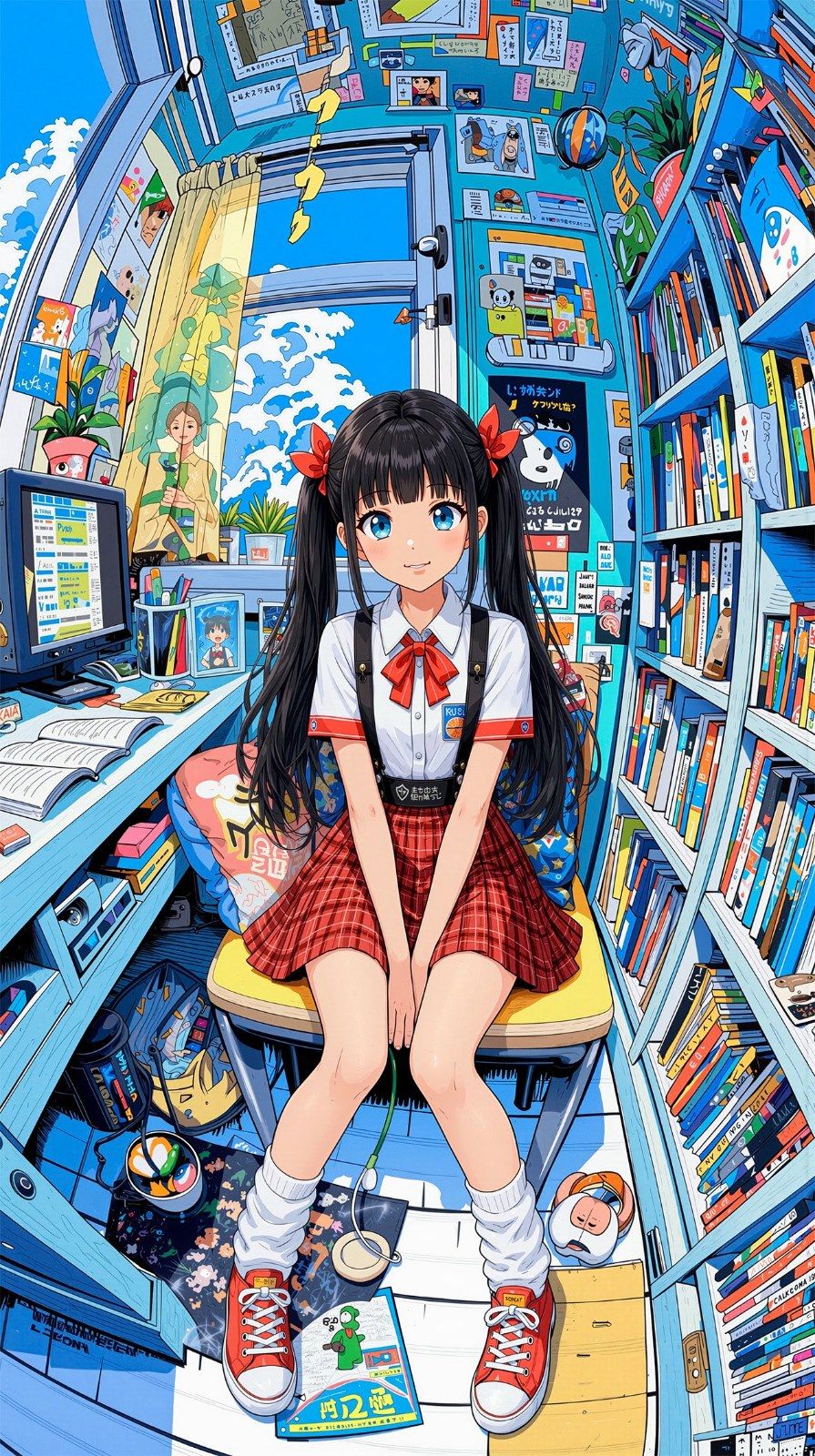 A girl with long black twin tails sits on a yellow chair wearing a white shirt and red plaid skirt
