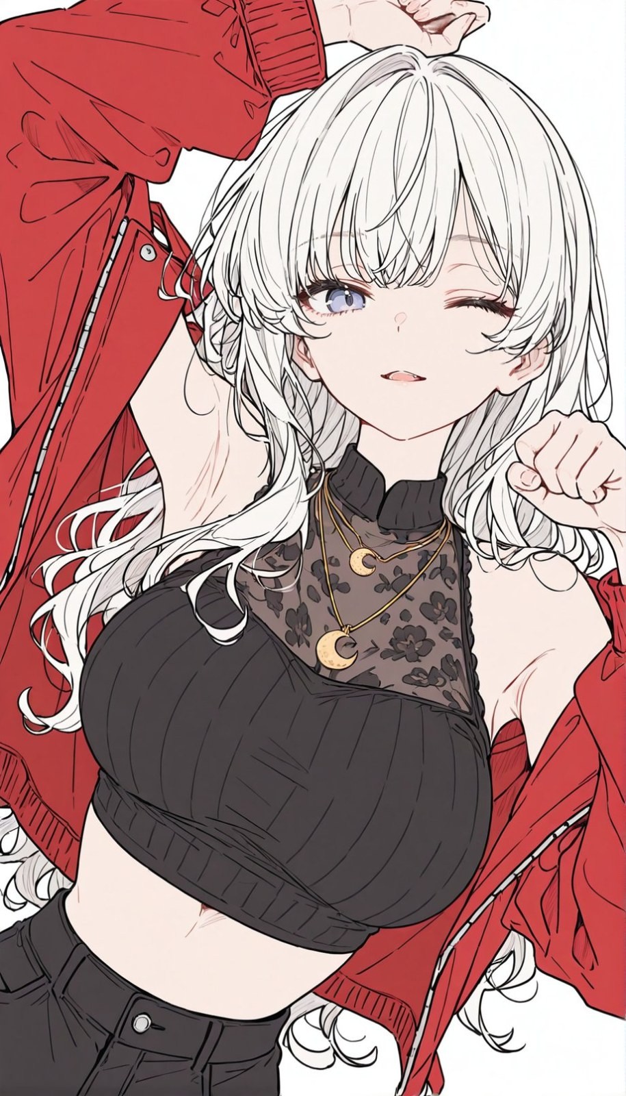 A silver-haired girl wearing a black lace top and a red jacket