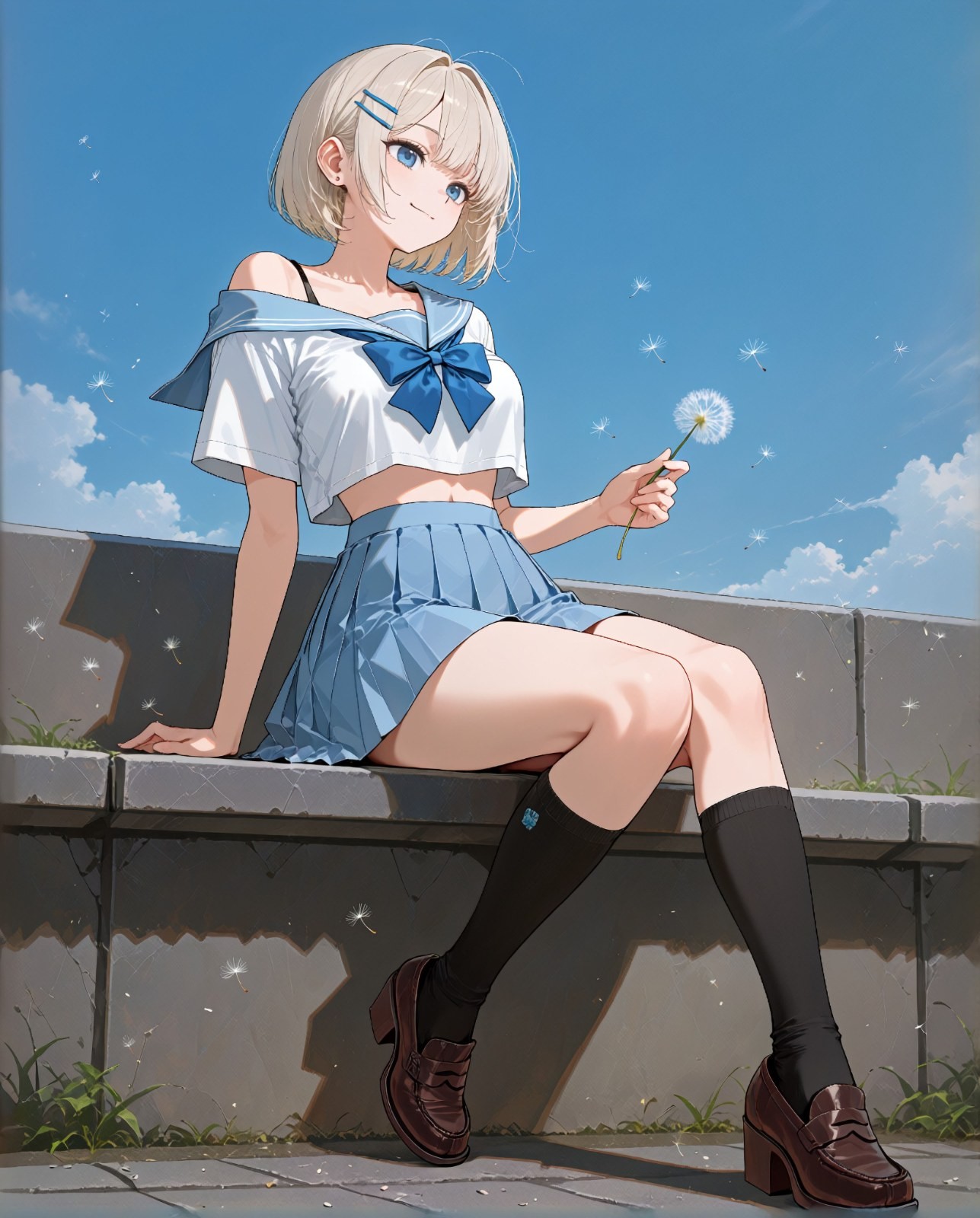 A blonde girl with blue eyes in a blue and white sailor uniform is sitting outdoors holding a dandelion