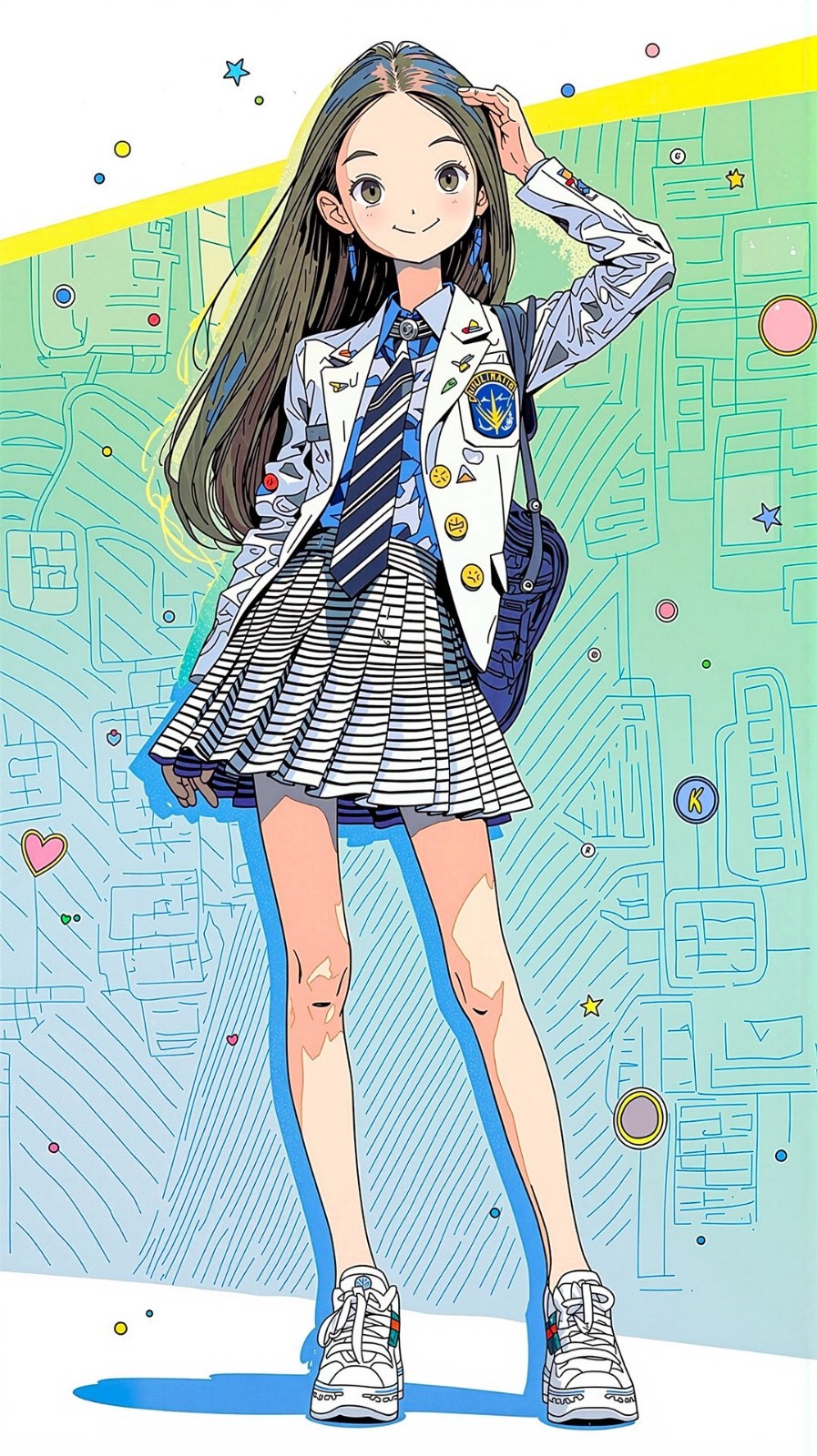 A school uniform-clad anime girl showcases her fashion