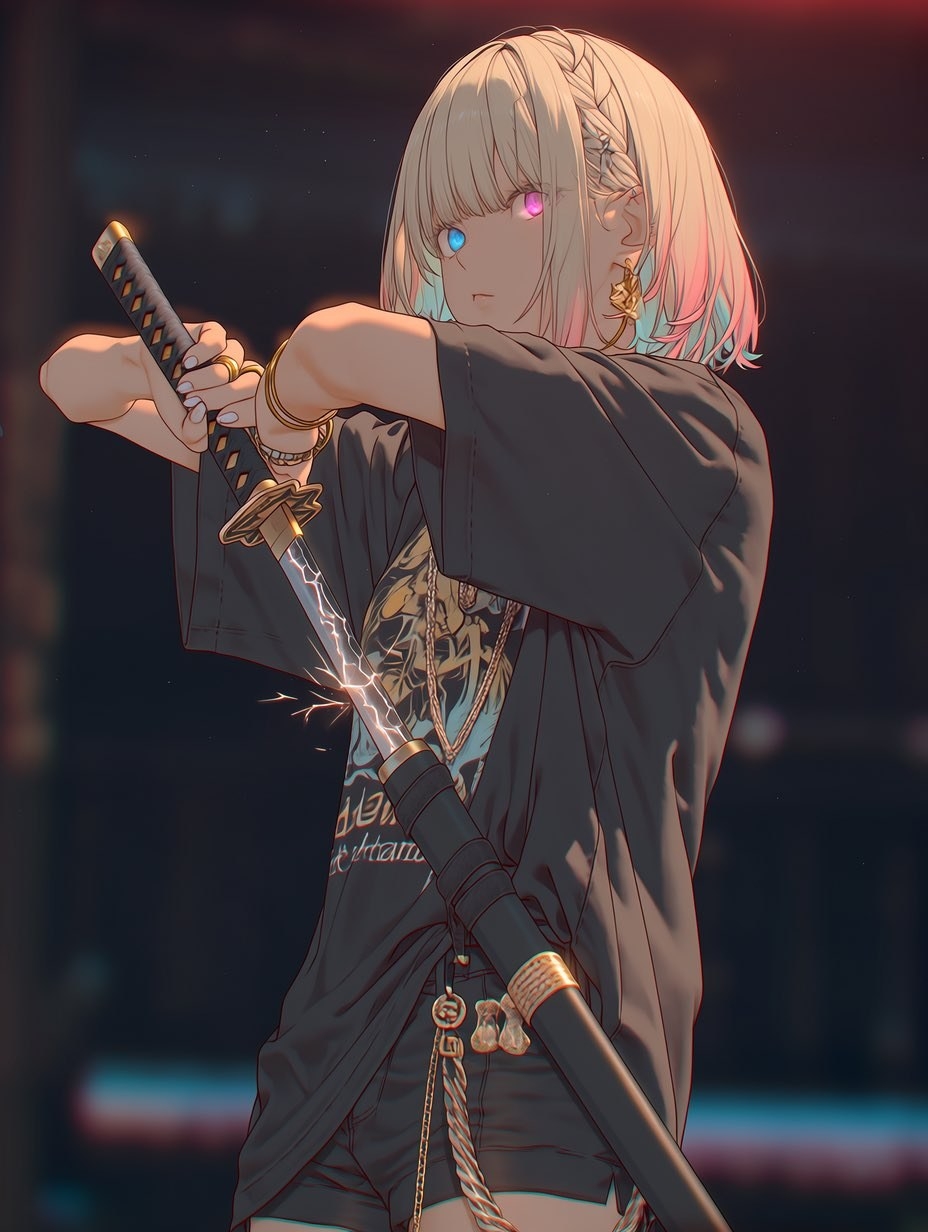 A girl with heterochromia holds a katana, showcasing an anime-inspired street style
