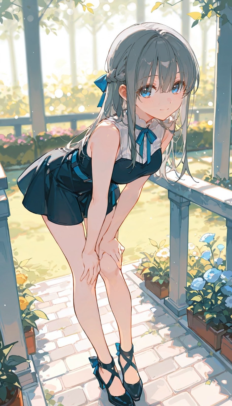 A girl with silver-gray long hair wears a white sleeveless top and a dark blue skirt paired with a blue bow tie and black high heels