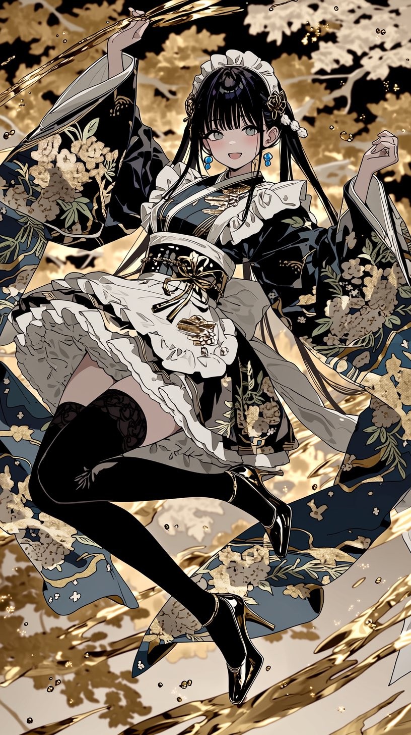 Ein junges Anime-Mädchen tanzt fröhlich in einem schwarzen Kimono mit goldenen und weißen Blumenmustern
