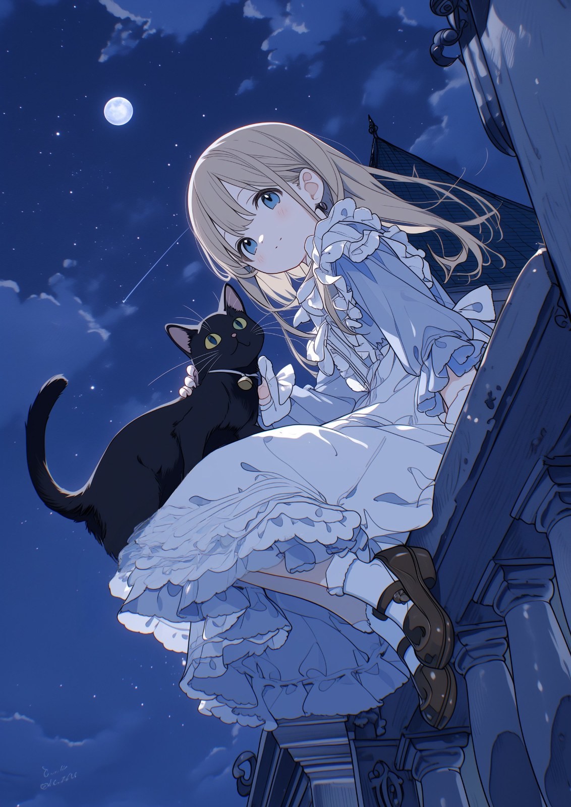 Una chica rubia con un vestido blanco sostiene un gato negro mientras contempla el cielo nocturno