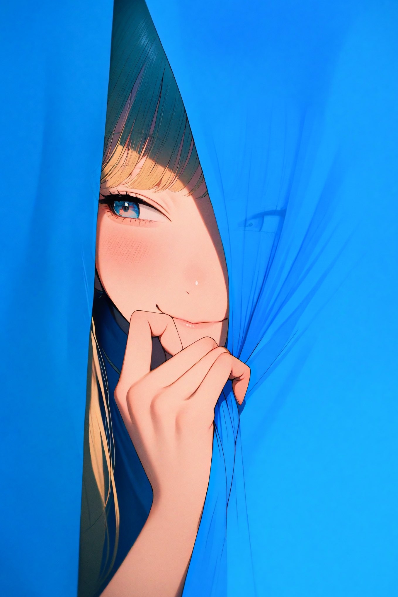 A young anime girl with two-toned hair peeking from behind blue curtains with a playful gesture