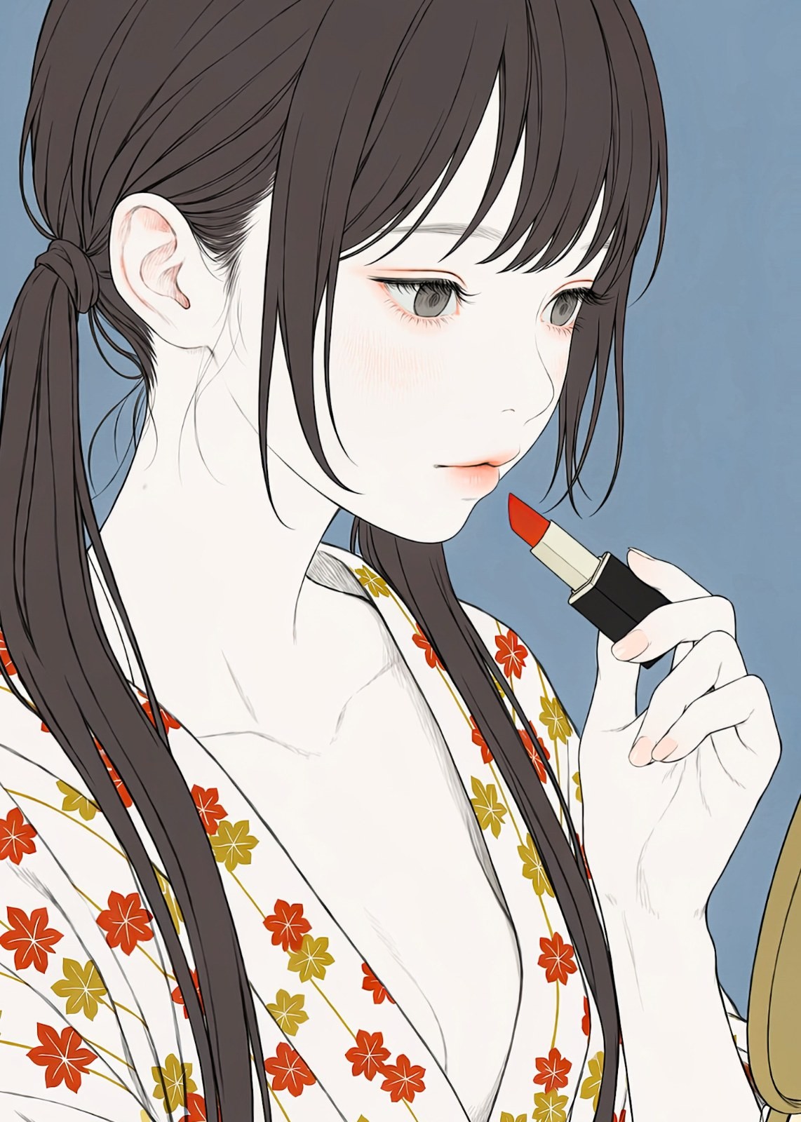 Eine junge Frau in einem weißen Kimono mit Ahornmuster hält einen roten Lippenstift und sieht gelassen aus