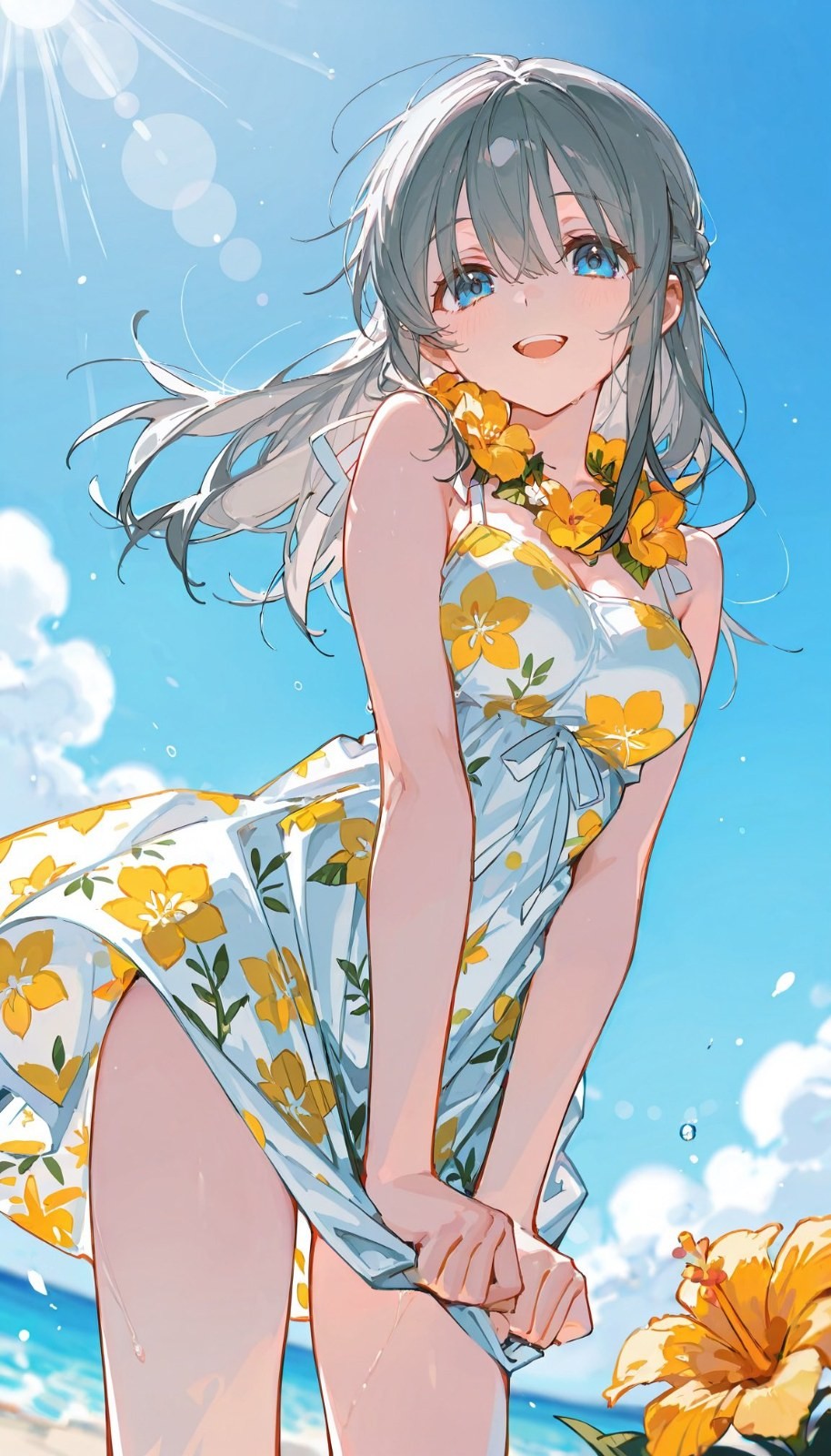 銀灰色の長い髪を持つアニメ少女が海辺で白地に黄色の花柄のドレスを着ています