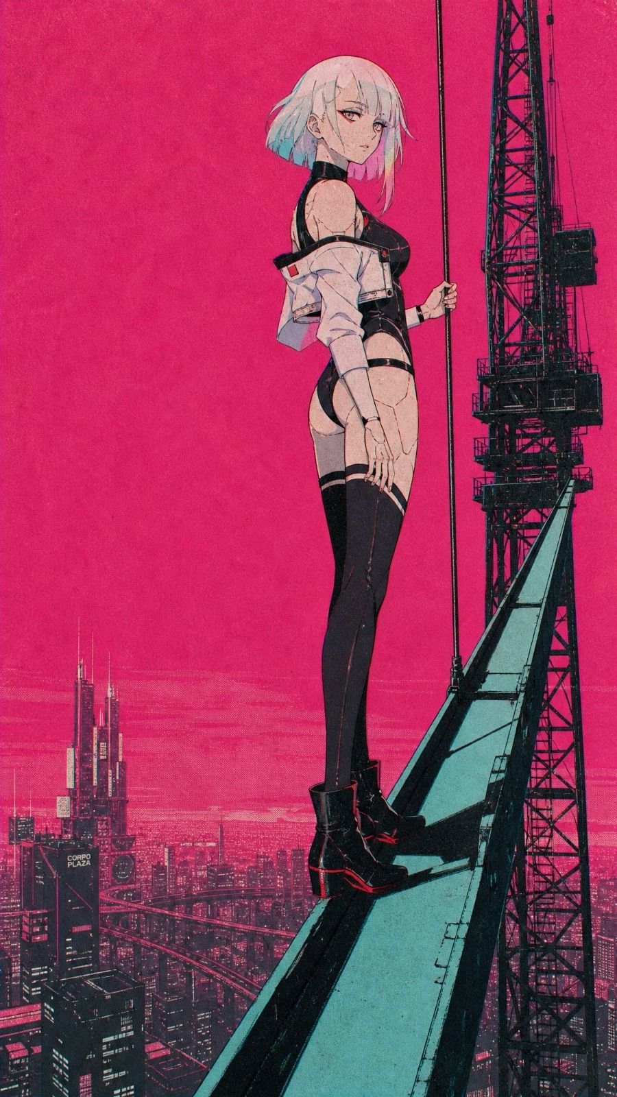A silver-haired female character is wearing a black bodysuit and a white jacket