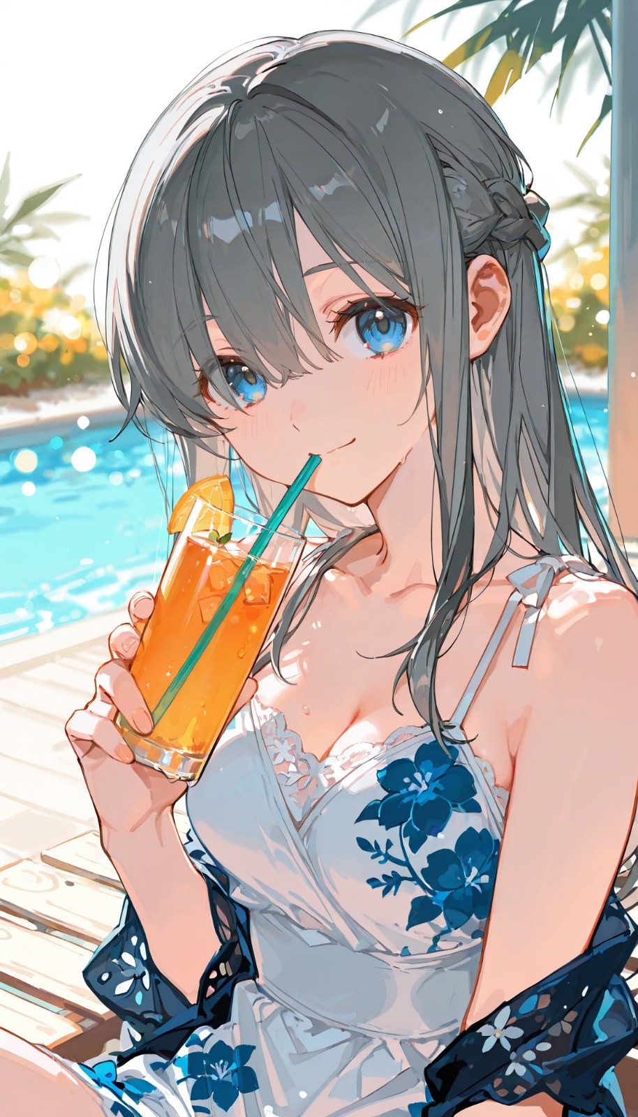 Anime girl with silver long hair enjoys a drink by the pool
