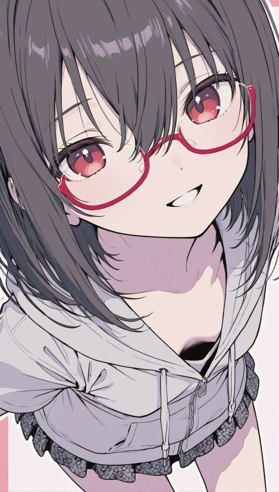 黒髪赤目のアニメ少女が高い角度でカメラを見下ろし、赤い半フレーム眼鏡をかけ、微笑みながらいたずらな表情を見せています