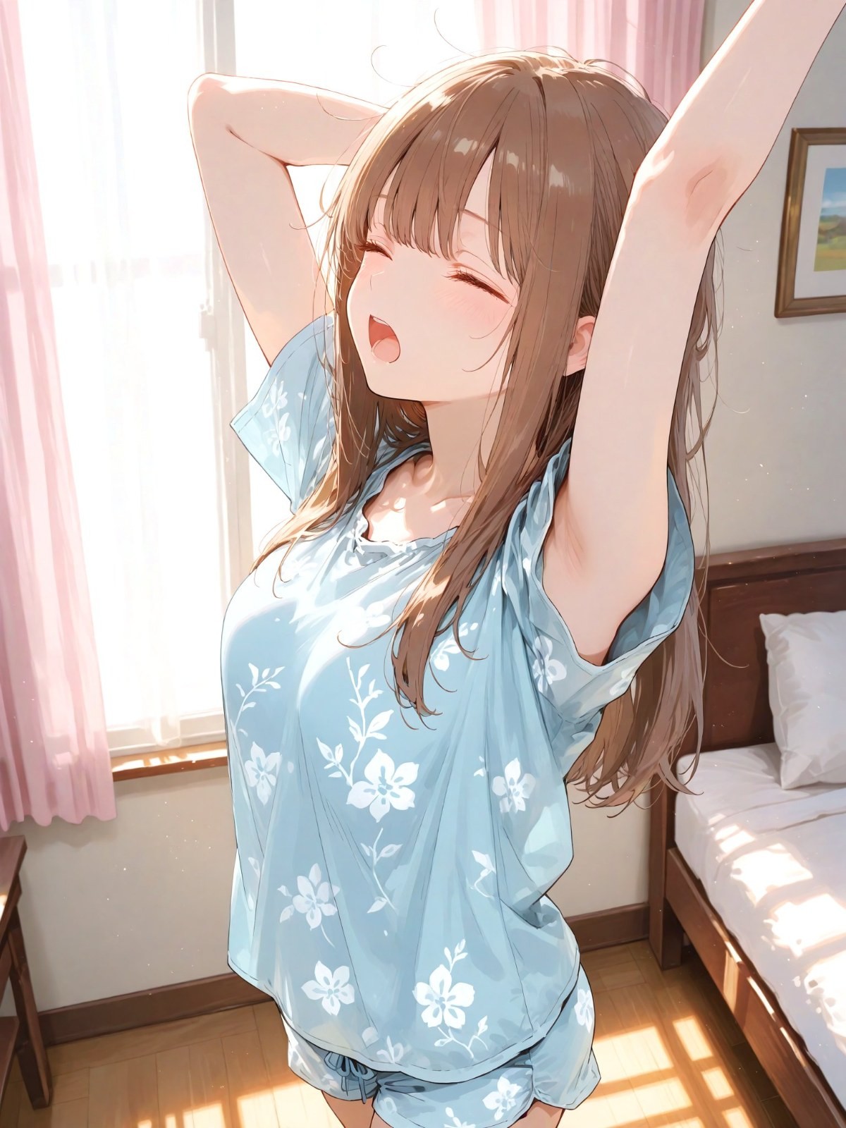 A girl in light blue pajamas stretches in her bedroom