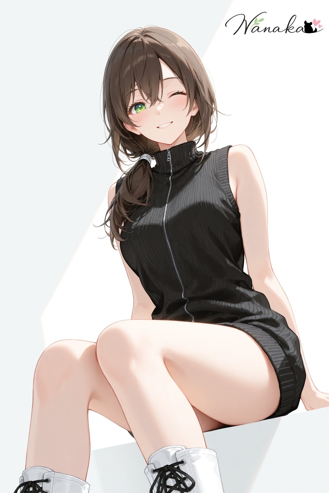 A young woman with short brown hair is wearing a black sleeveless knit dress and white lace-up short boots